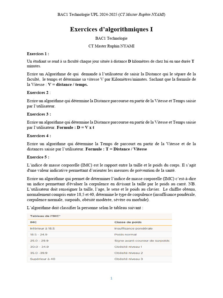 Exercices d'Algorithmique BAC1 UPL 2024-2025 | PDF | Indice de masse ...