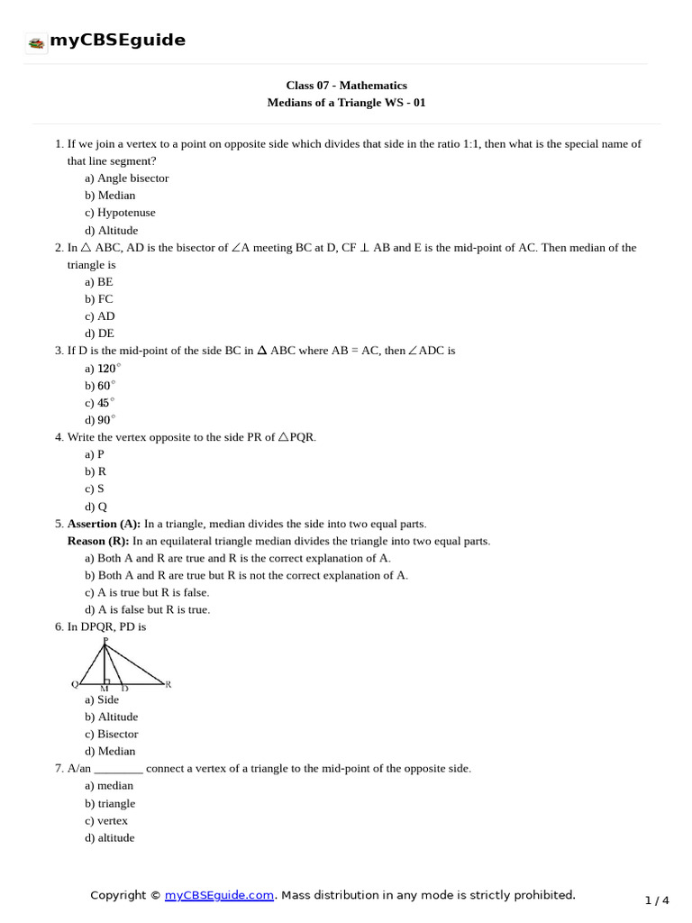 Medians of a Triangle Worksheet | PDF | Triangle | Angle