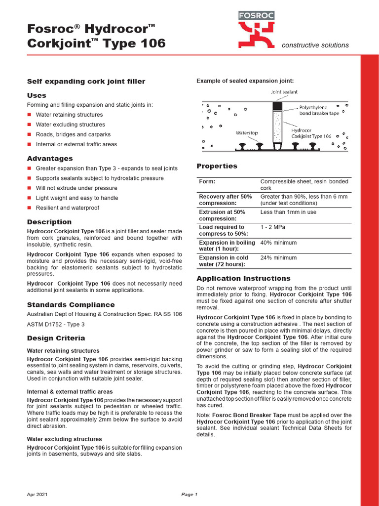 Hydrocor Corkjoint Type 106 Overview | PDF | Concrete | Extrusion