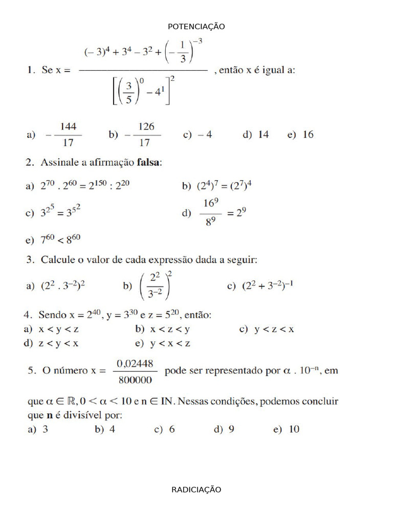 Exercicios Propostos Potenciação e Radiciação | PDF