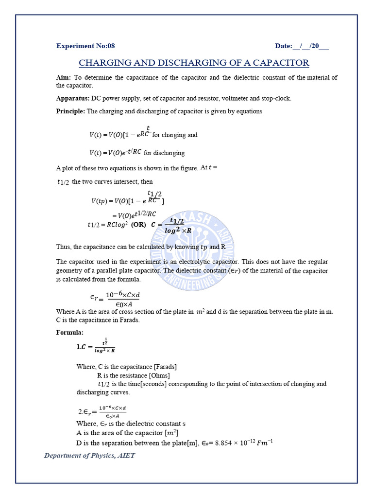 Capacitor Charging and Discharging Experiment | PDF | Capacitor ...