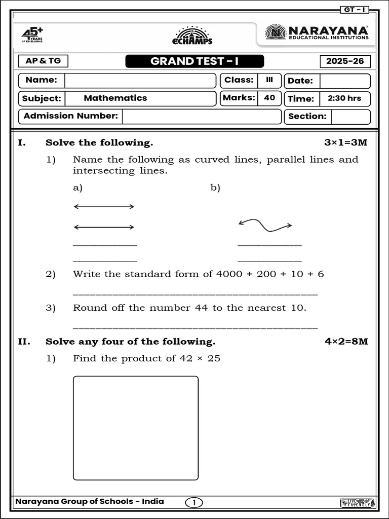 Class 3 Mathematics Grand Test I | PDF | Mathematics