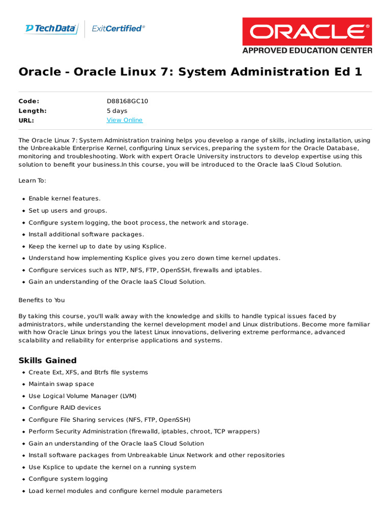 Oracle Linux 7 System Administration Course | PDF | File System | Linux