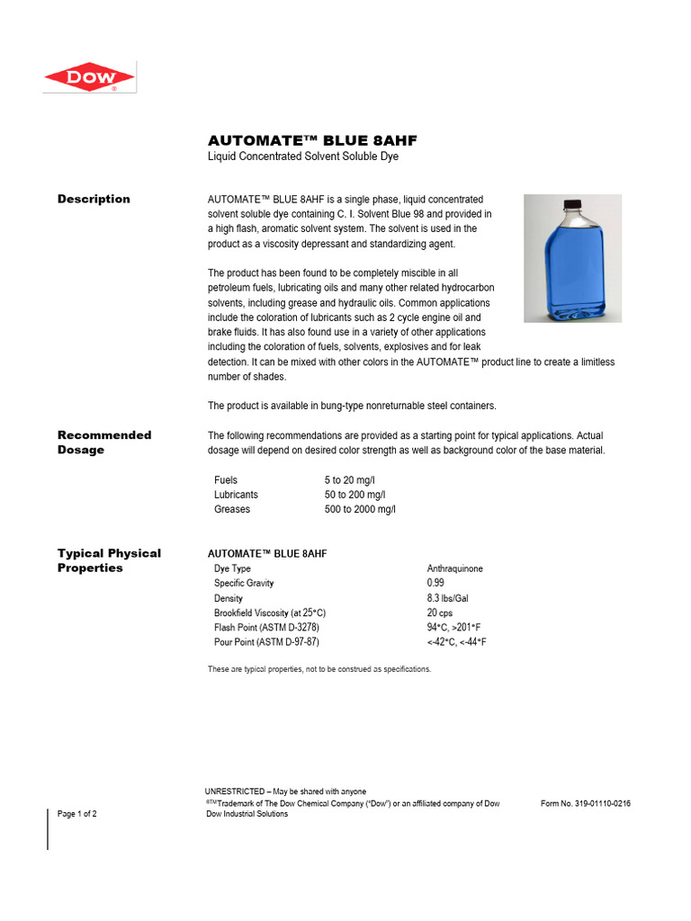 Automate™ Blue 8AHF Solvent Dye Overview | PDF | Solvent | Lubricant