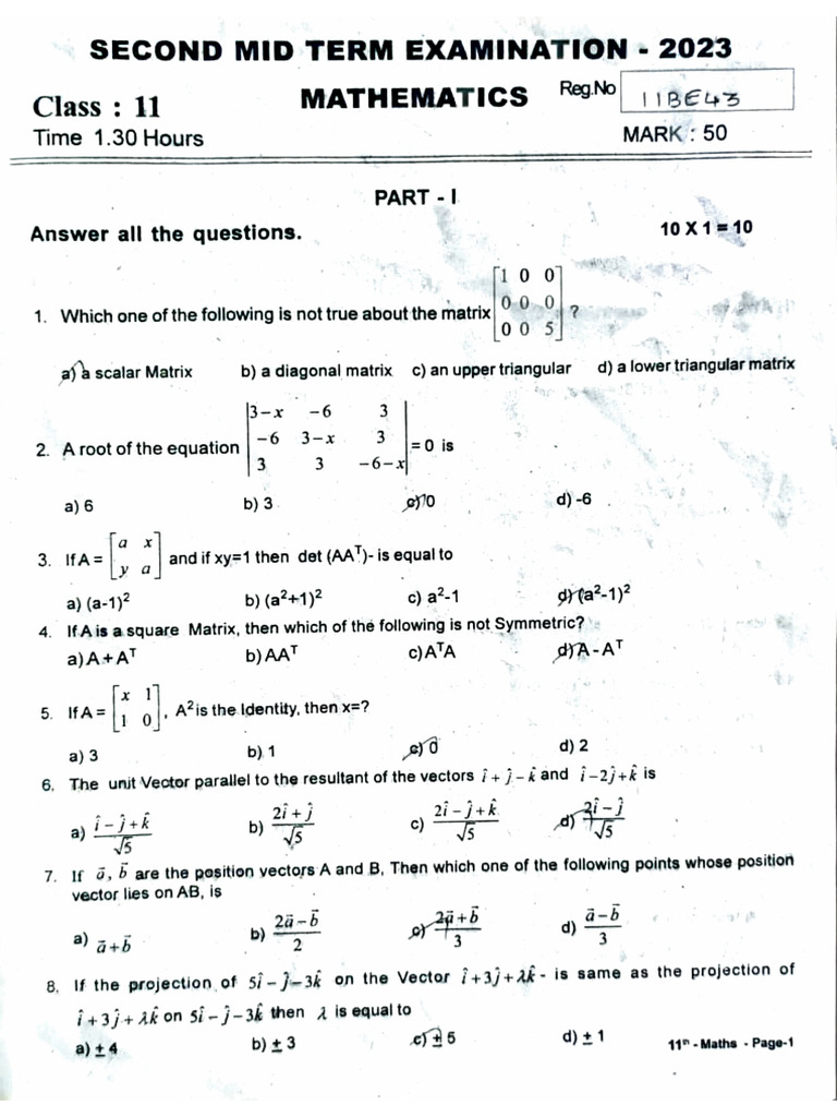 Class 11 Maths Mid Term Exam 2023 | PDF | Matrix (Mathematics ...