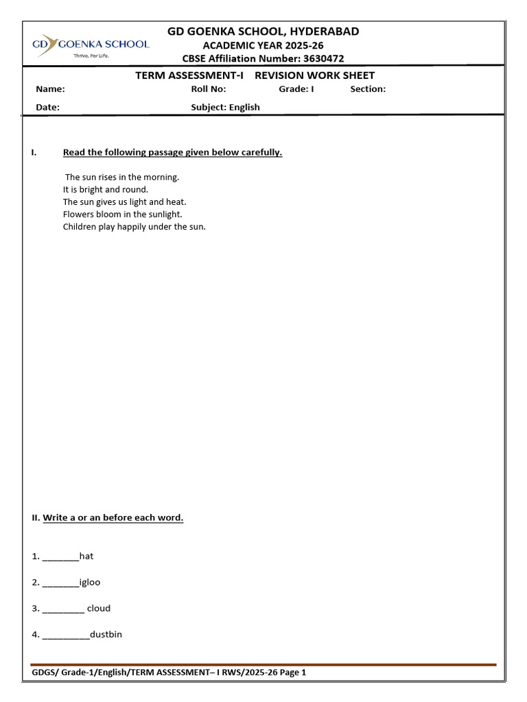 Grade 1 English Term Assessment Worksheet | PDF | Chess Openings | Chess