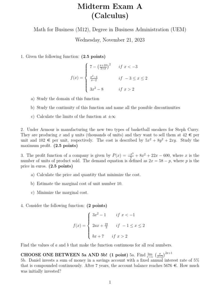 Midterm Exam Math For Business, Business Admin. 2023-2024 (A) | PDF ...