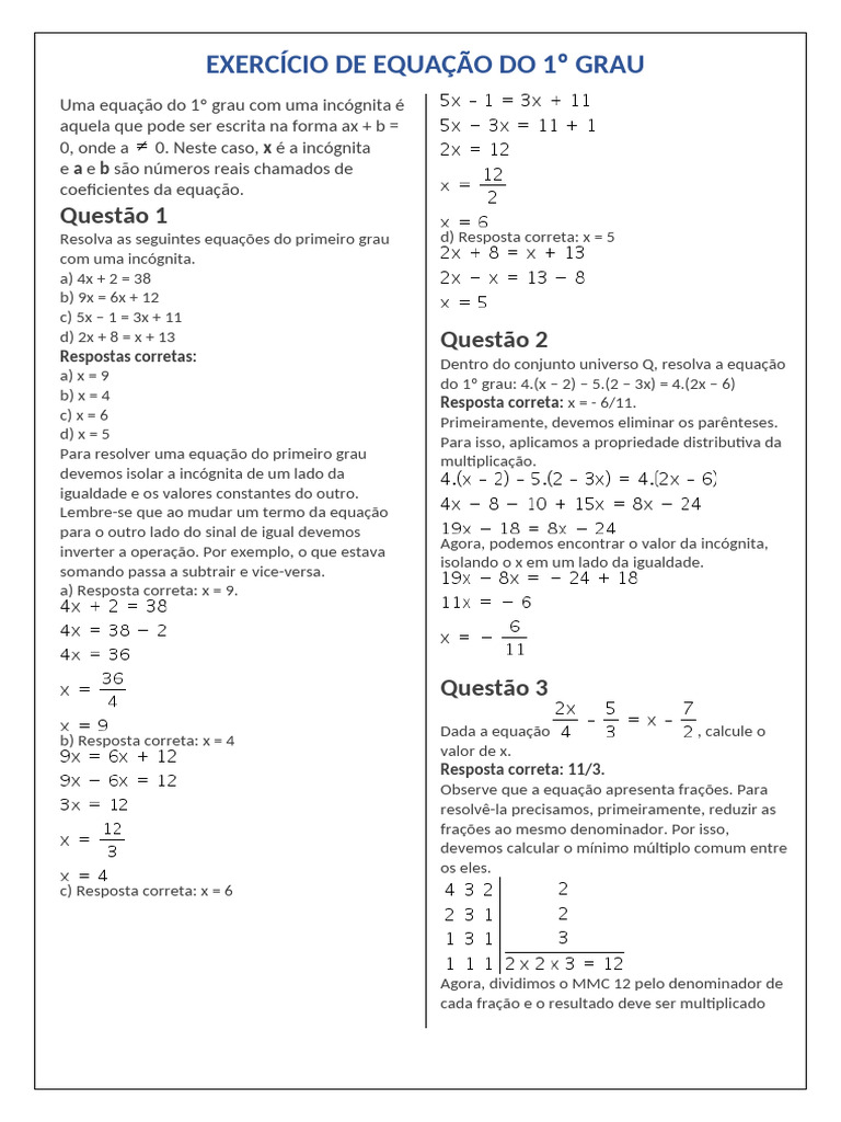 Exercícios e Resolução de Equações do 1º Grau | PDF | Equações ...