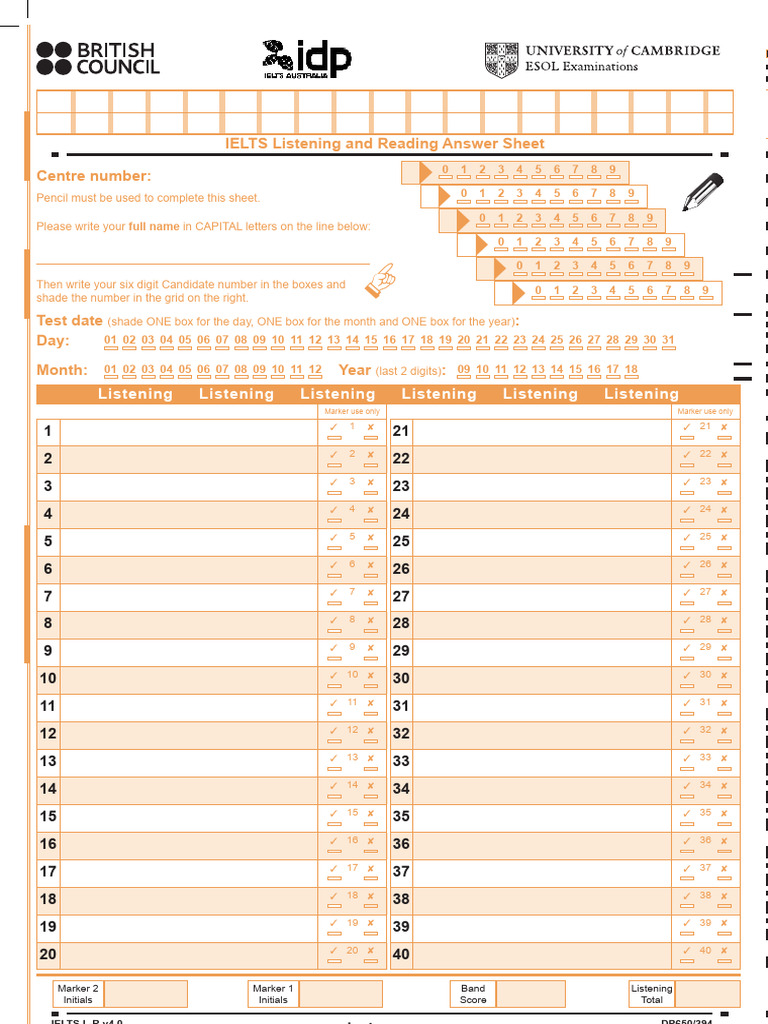 IELTS Listening Answer Sheet Template | PDF | Tests | Standardized Tests