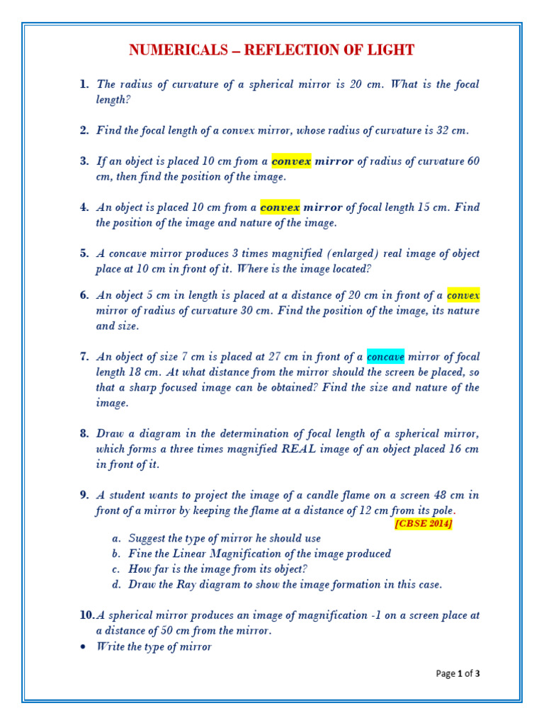 NUMERICALS - Reflection of Light (Questions Only) | PDF | Mirror ...
