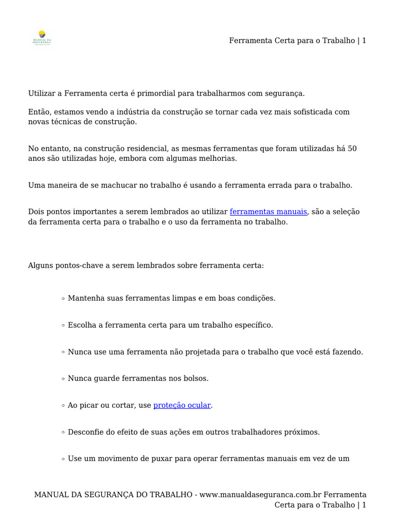 Segurança no Uso de Ferramentas Manuais | PDF | Ferramentas | Segurança ...