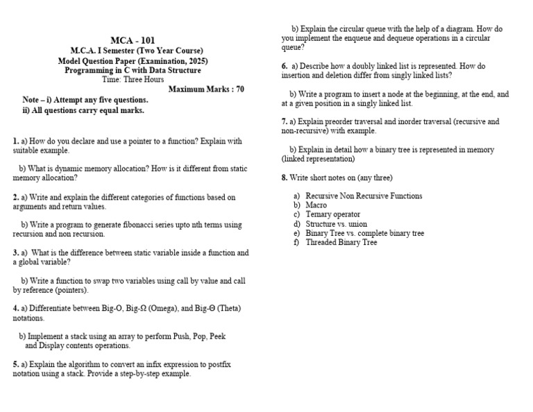 MCA I Semester C Programming Exam Paper | PDF | Queue (Abstract Data ...