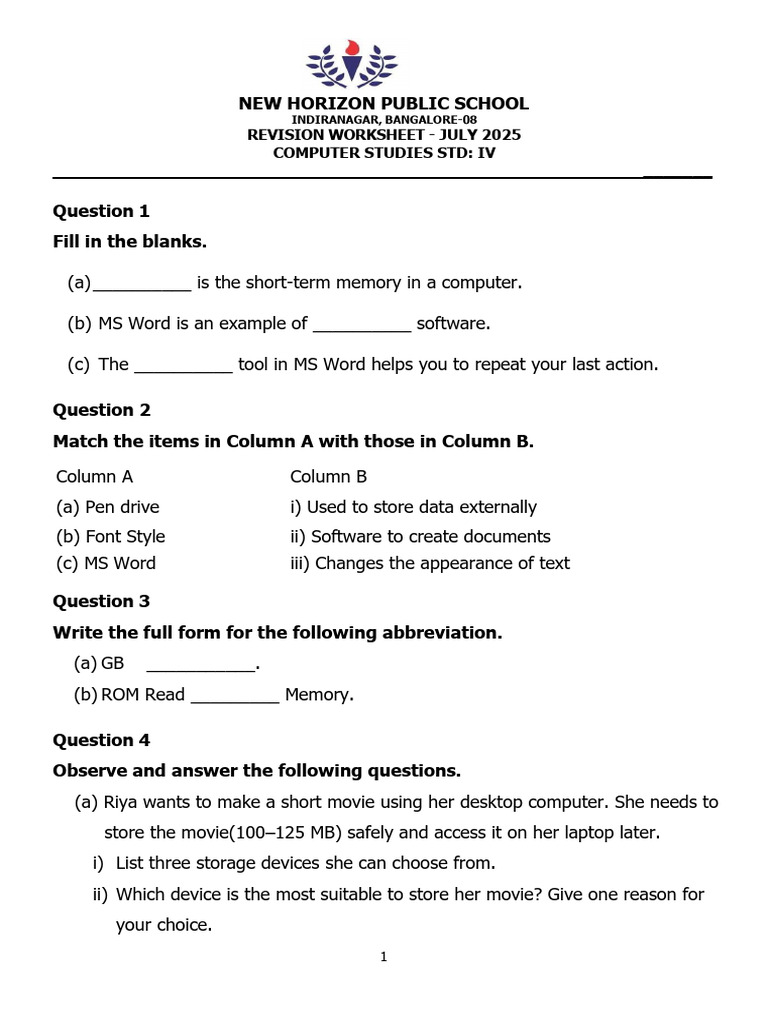Computer Studies Worksheet for Grade IV | PDF