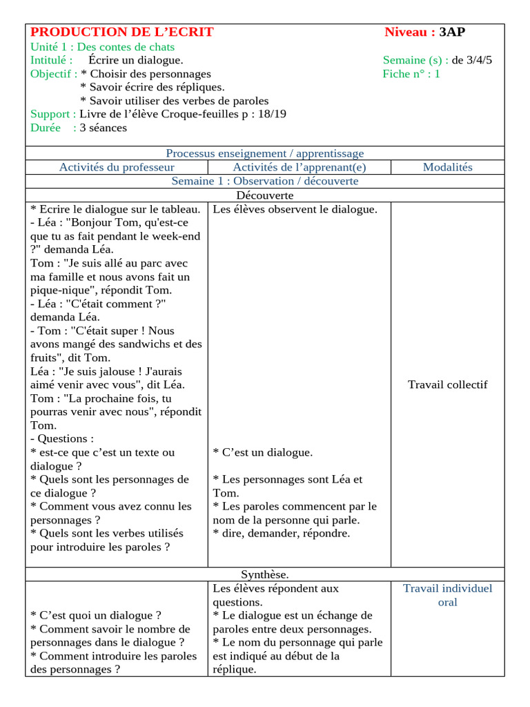 Écrire un dialogue en classe de 3AP | PDF