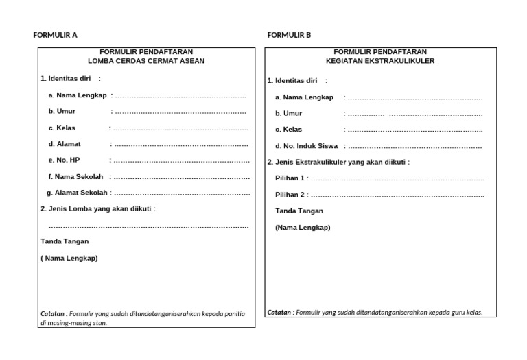 Formulir Pendaftaran Ekstrakurikuler Kelas 6 | PDF