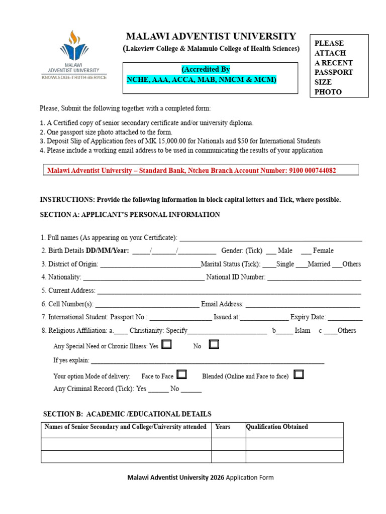 Malawi Adventist University 2026 Application Form | PDF | Bachelor's ...