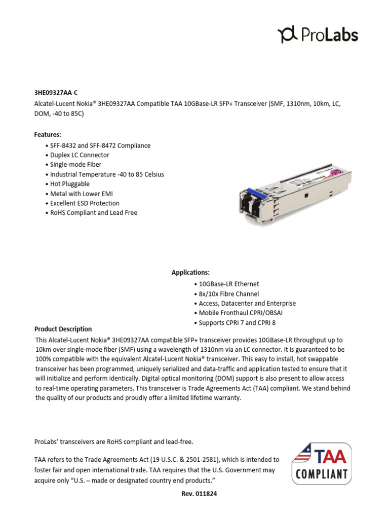 TAA-Compliant 10GBase-LR SFP+ Transceiver | PDF | Electrical ...