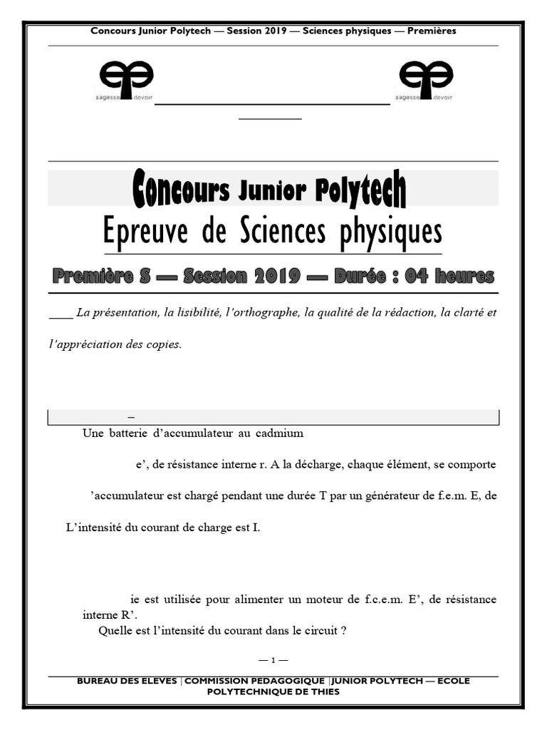 Concours Junior Polytech 2019 : Sciences Physiques | PDF | Résistance ...