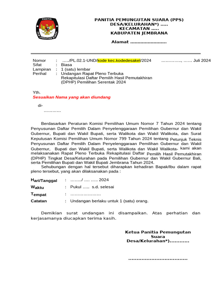 01 Draft Surat Undangan DPHP PPS | PDF