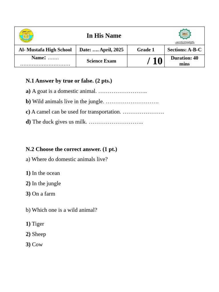Gr.1 Unit+2 Exam Animals'+Benefits | PDF