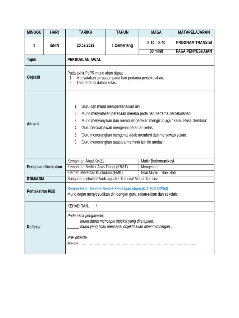 Contoh RPH Transisi | PDF