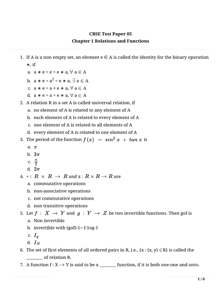 CBSE Relations and Functions Test Paper | PDF | Function (Mathematics ...