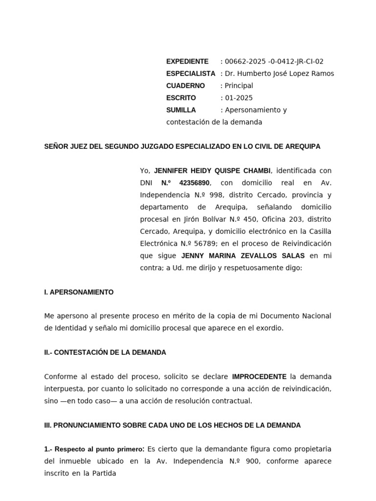 Contestación a Demanda de Reivindicación | PDF | Propiedad | Demanda ...