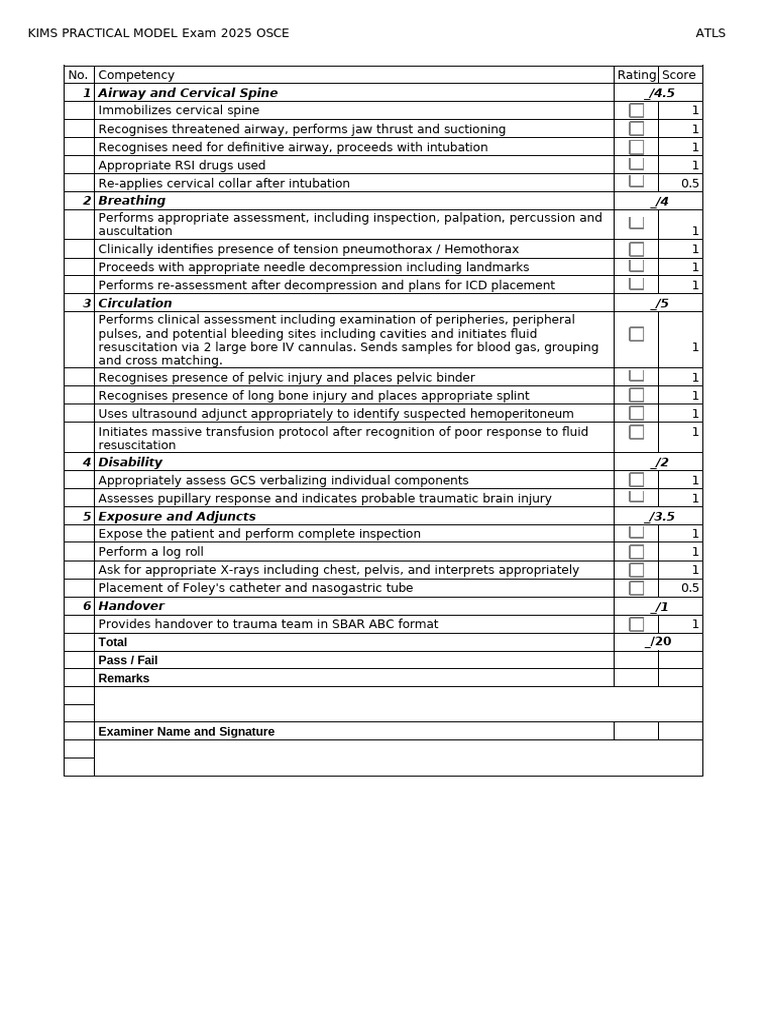 ATLS Checklist for KIMS OSCE Exam 2025 | PDF | Clinical Medicine ...