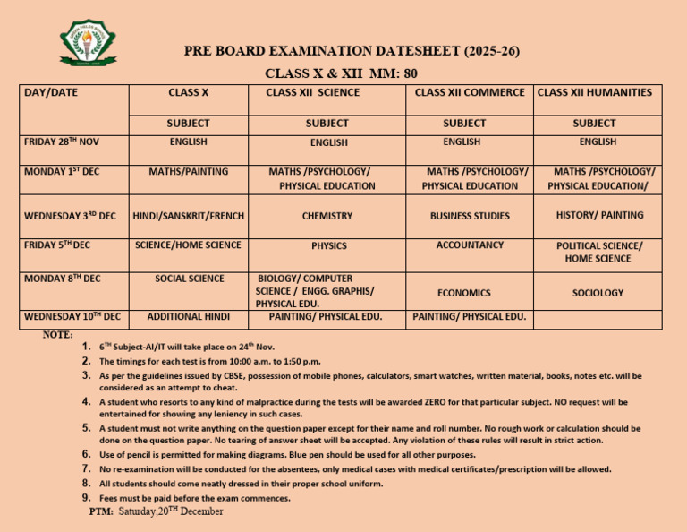Pre Board Exam Datesheet 2025-26 | PDF