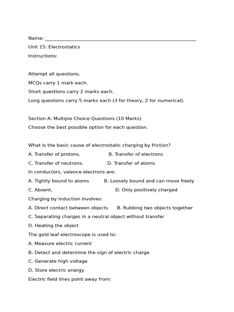 Electrostatics Study Guide and Questions | PDF | Electric Charge ...