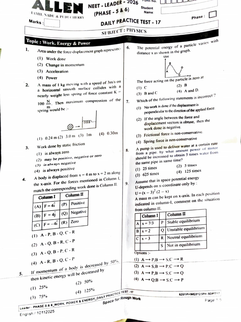 Work, Energy & Power Practice Test | PDF | Force | Mass