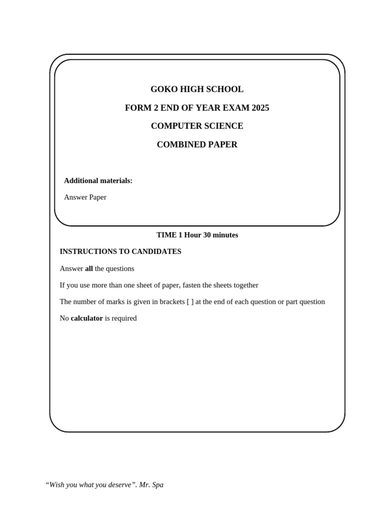 Form 2 Computer Science Exam 2025 | PDF | Computer Network | Databases