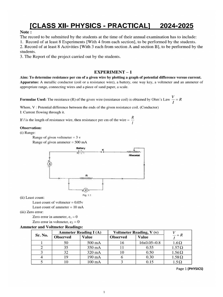Xii Physics Practical 2025-26 | PDF