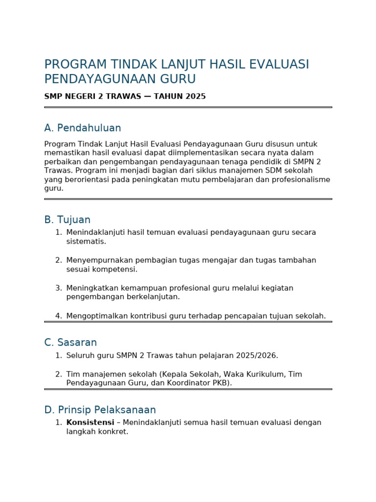 Program Tindak Lanjut Evaluasi Guru SMPN 2 | PDF