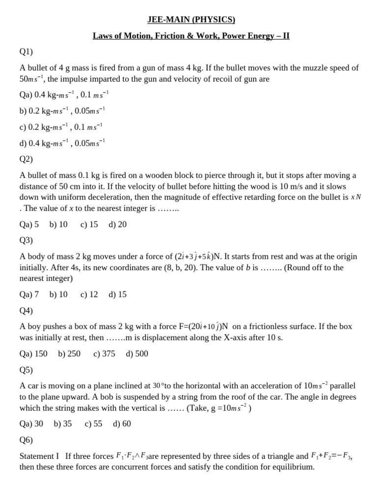 JEE Main Physics: Laws of Motion & Energy | PDF | Force | Friction