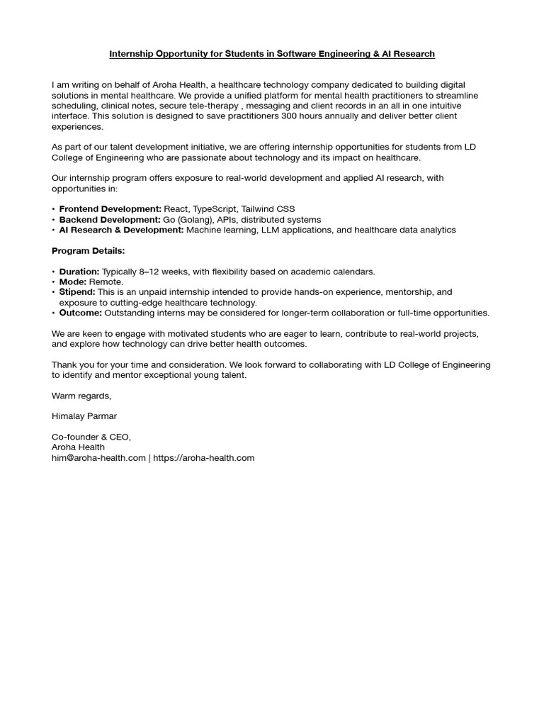 Internship in Software Engineering & AI | PDF