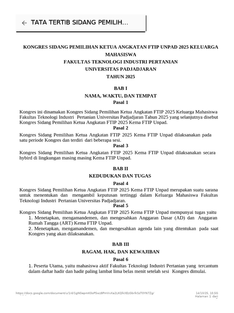 Pemilihan Ketua FTIP Unpad 2025: Tata Tertib | PDF