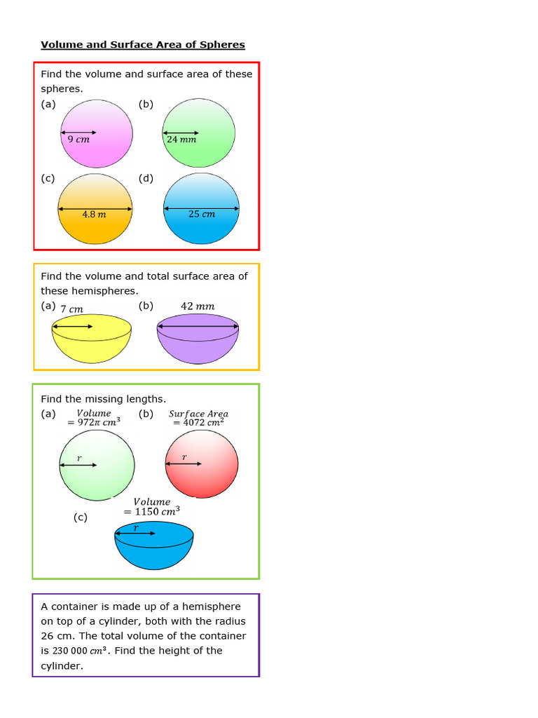 SW - Volume and Surface Area of Spheres Practice Strips | PDF