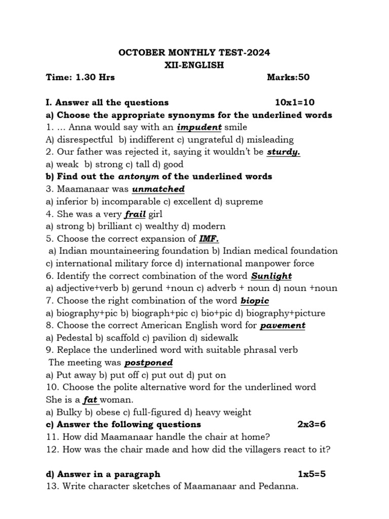 Synonyms and Antonyms Test for XII English | PDF | Grammar | Linguistic ...