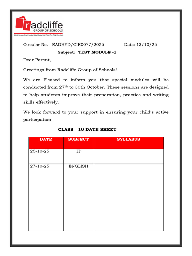 Class 10 Test Module Schedule 2025 | PDF | Chess | Chess Theory