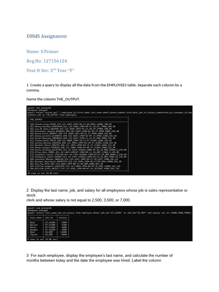 DBMS Assignment: Name: S.Pranav Reg - No: 127156124 Year & Sec: 2 Year ...