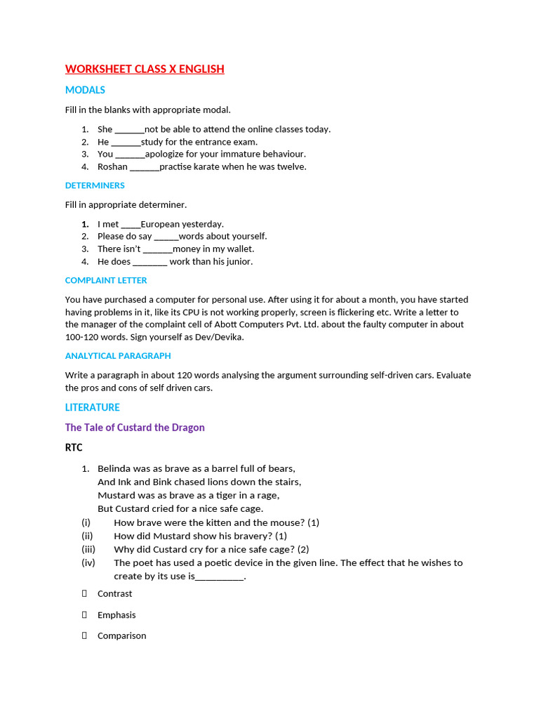 Class X English Modals and Literature Worksheet | PDF