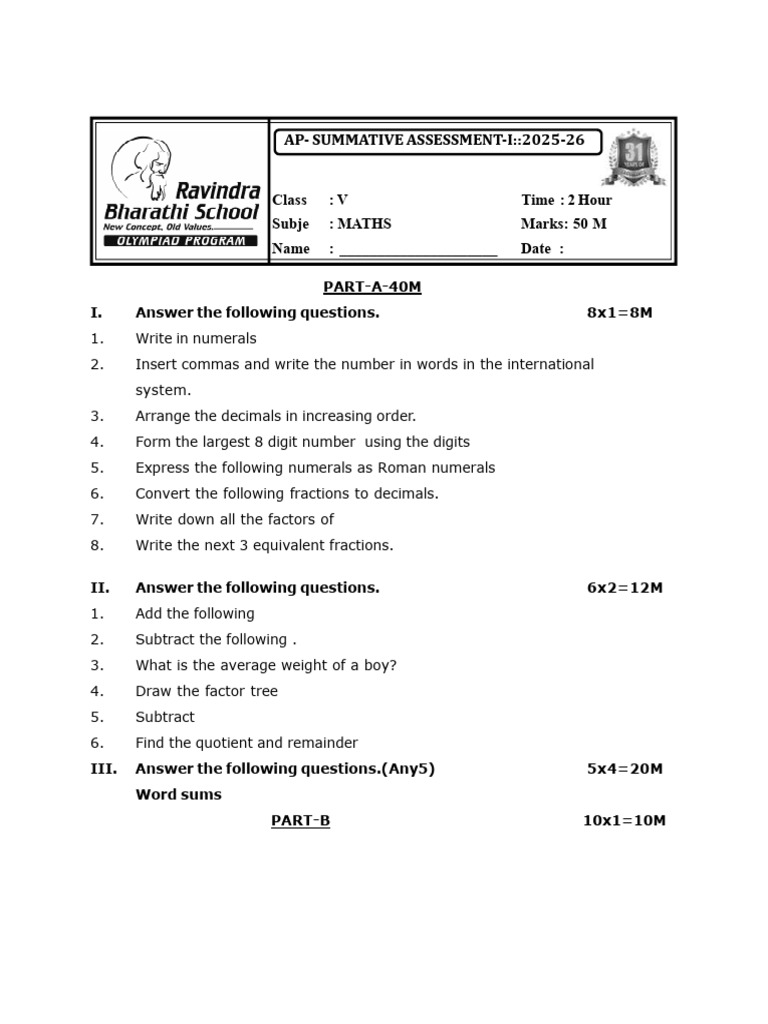 Class V Maths Summative Assessment 2025-26 | PDF
