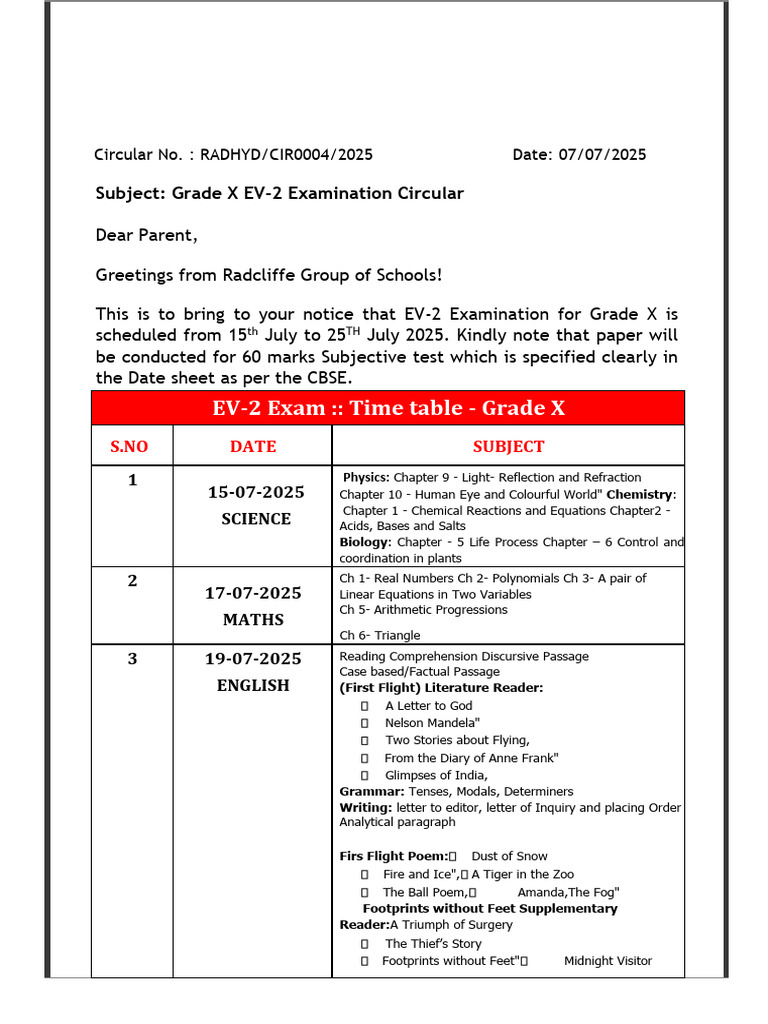 Grade X EV-2 Exam Schedule 2025 | PDF