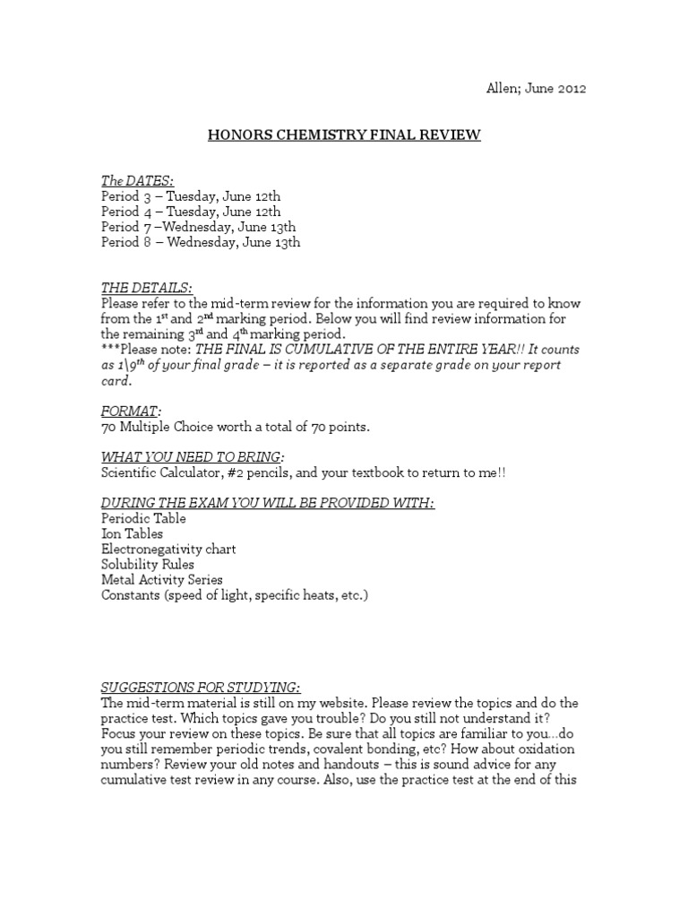 The Dates:: Honors Chemistry Final Review | PDF | Redox | Stoichiometry