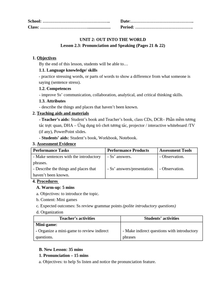 Unit 2 - Lesson 2.3 - Pronunciation & Speaking - Pages 21 & 22 | PDF ...