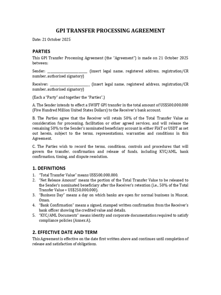 GPI Transfer Processing Agreement | PDF | Indemnity | Business Law