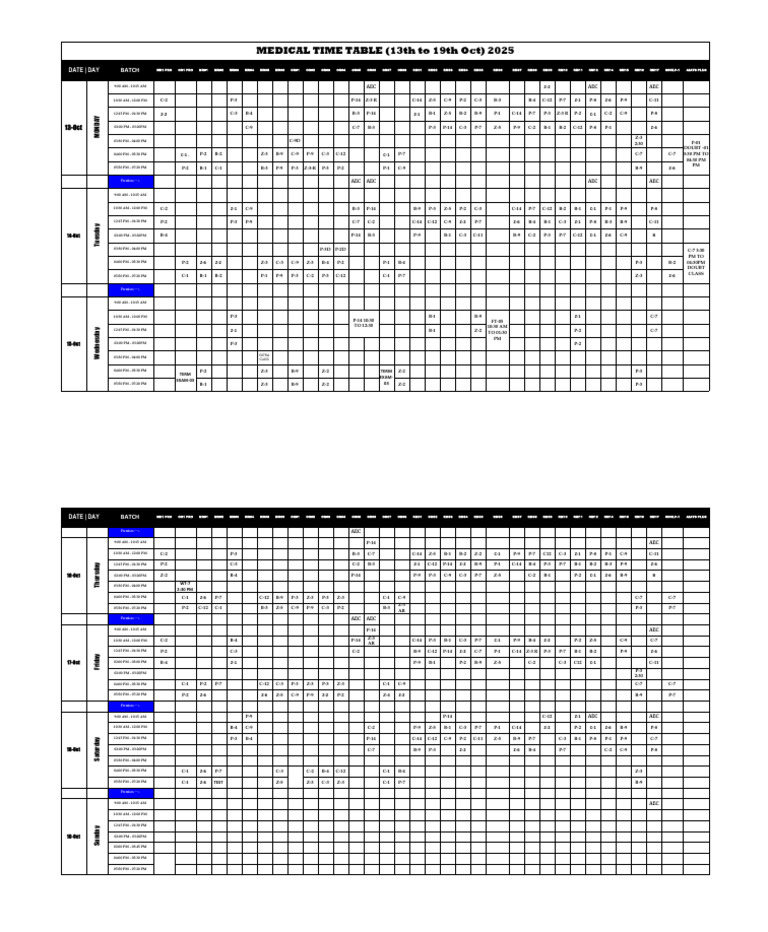 Medical Time Table (13th To 19th Oct) 2025 | PDF