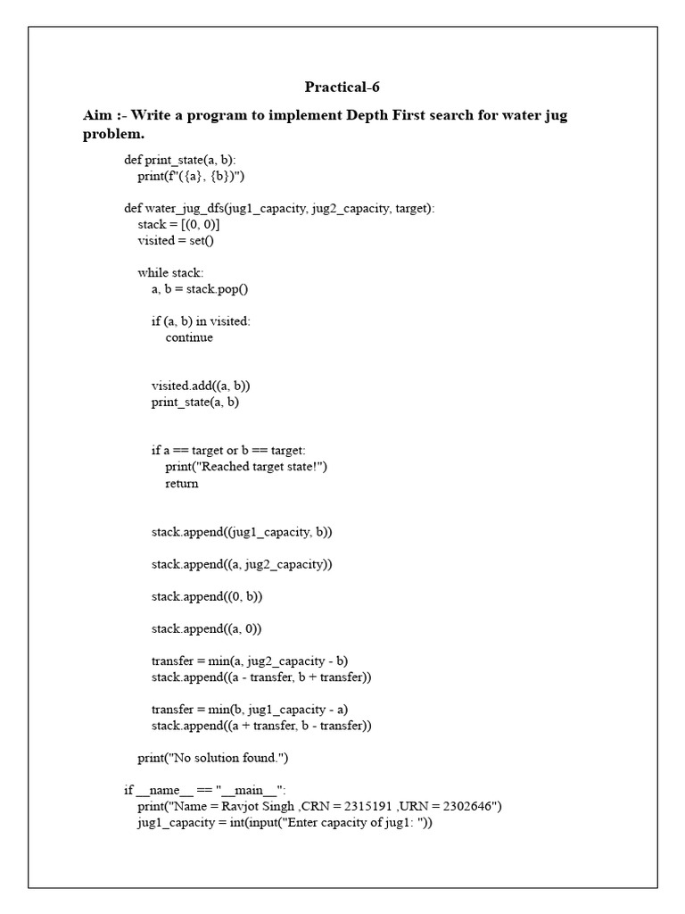 Depth First Search for Water Jug Problem | PDF