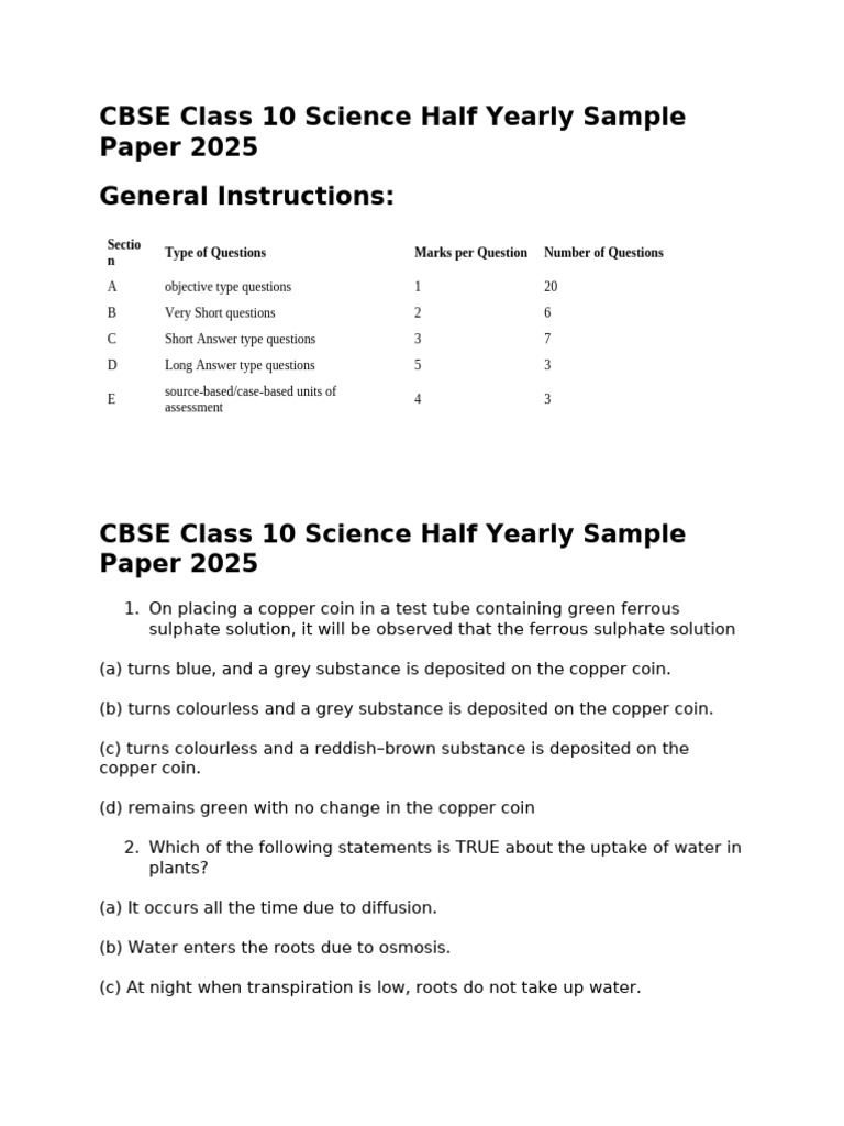 Class-10th Science Half Yearly Sample Paper | PDF | Rust | Light